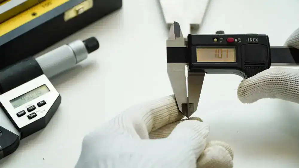 lab tech calibrating a caliper by using a gage block